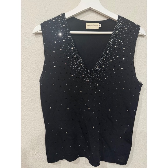 Jennifer Roberts Tops - Jennifer RobertsBlack Beaded Rhinestone V-Neck Knit Tank Top‎ Shell Medium Y2K